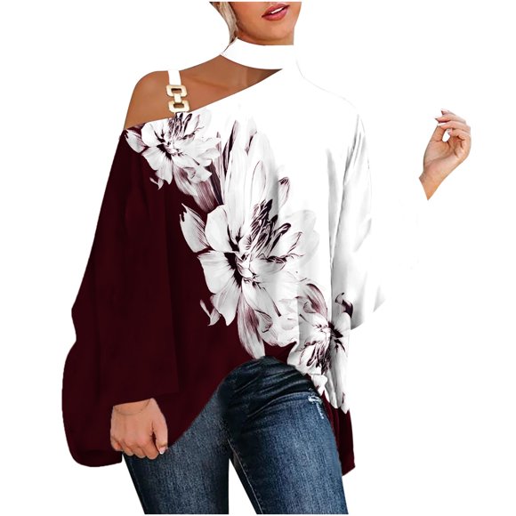 Hauts à Manches Mi-Longues Batwing pour Femmes, Chemises à Imprimé Mode, Blouses à Col Montant à Épaules Dénudées, Haut Ample et Élégant, Chemises à Manches Longues pour Femmes