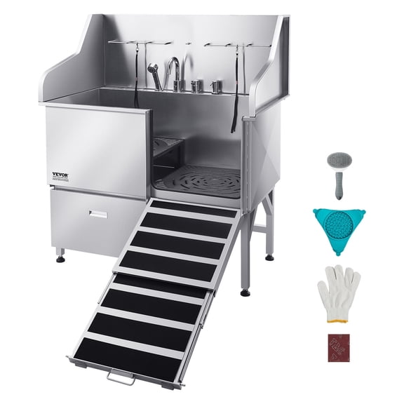 VEVOR Stainless Steel Dog Washing Station, 50 inch Pet Grooming Tub w/ Ramp, Faucet & Showerhead & Leash Dog Bathtub (Right Door)