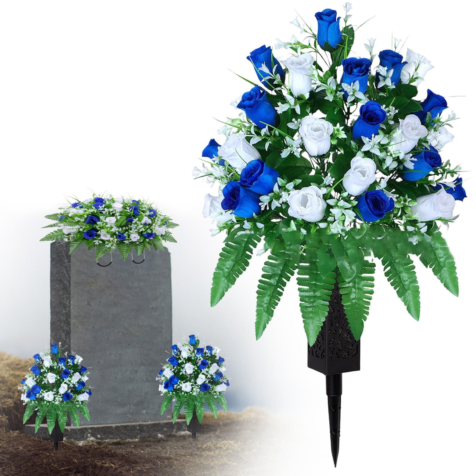 Cemetery Flowers for Grave Vase Everlasting Memorial: 16-Rose Cemetery Flower Bouquet with Long Nail Vases, All-Weather Artificial Flowers for Outdoor & Home Adornment Cemetery Flowers for Gravesite