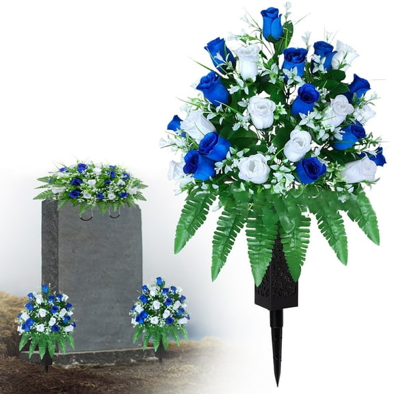 Artificial Cemetery Flowers Set - 1 Bundles of Silk Roses with 11" Vases, Weatherproof Memorial Bouquets for Gravesite Decoration (Dark Blue & White)