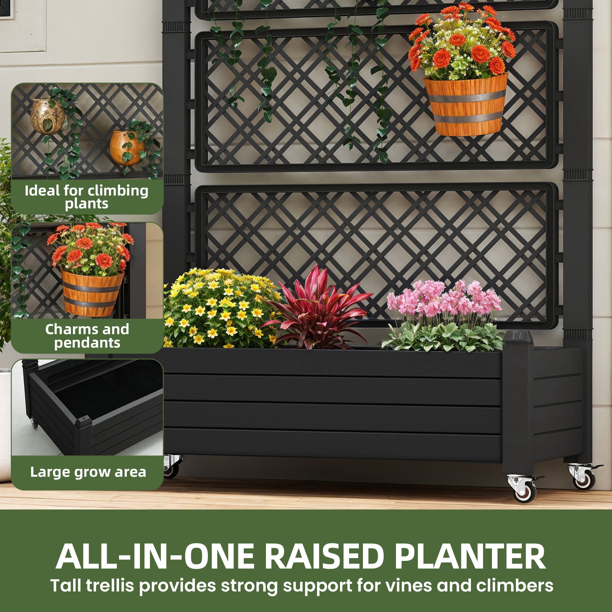 Uforic 3.6 x 1.5 x 5 FT Raised Garden Bed with Trellis, Large Outdoor Planter Box on Wheels for Patio, Black for Climbing Plants Vegetables