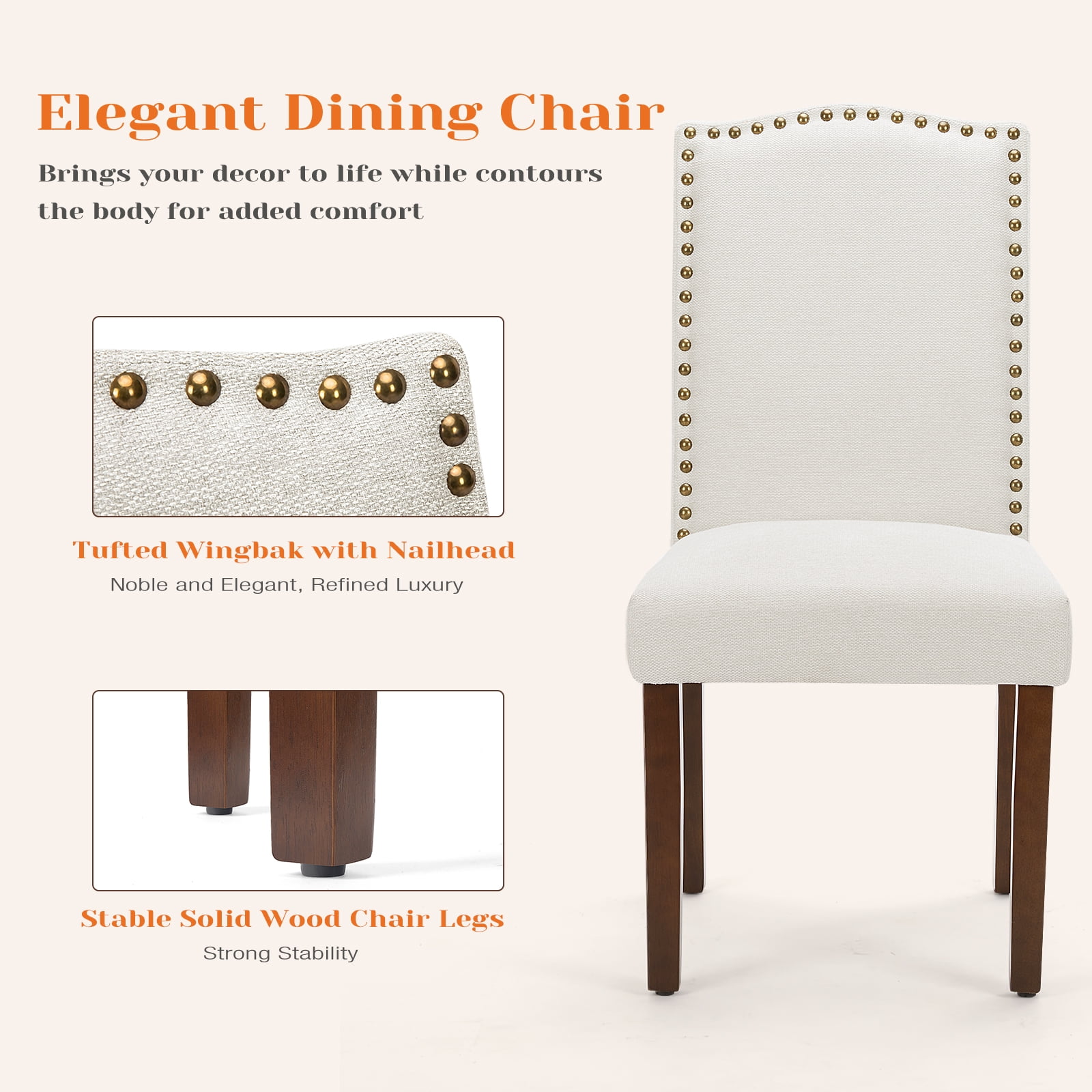 JOINSUN Set of 4 Home Dining Chairs, Parsons Back with Nailhead Trim and Wood Legs, Linen, Beige