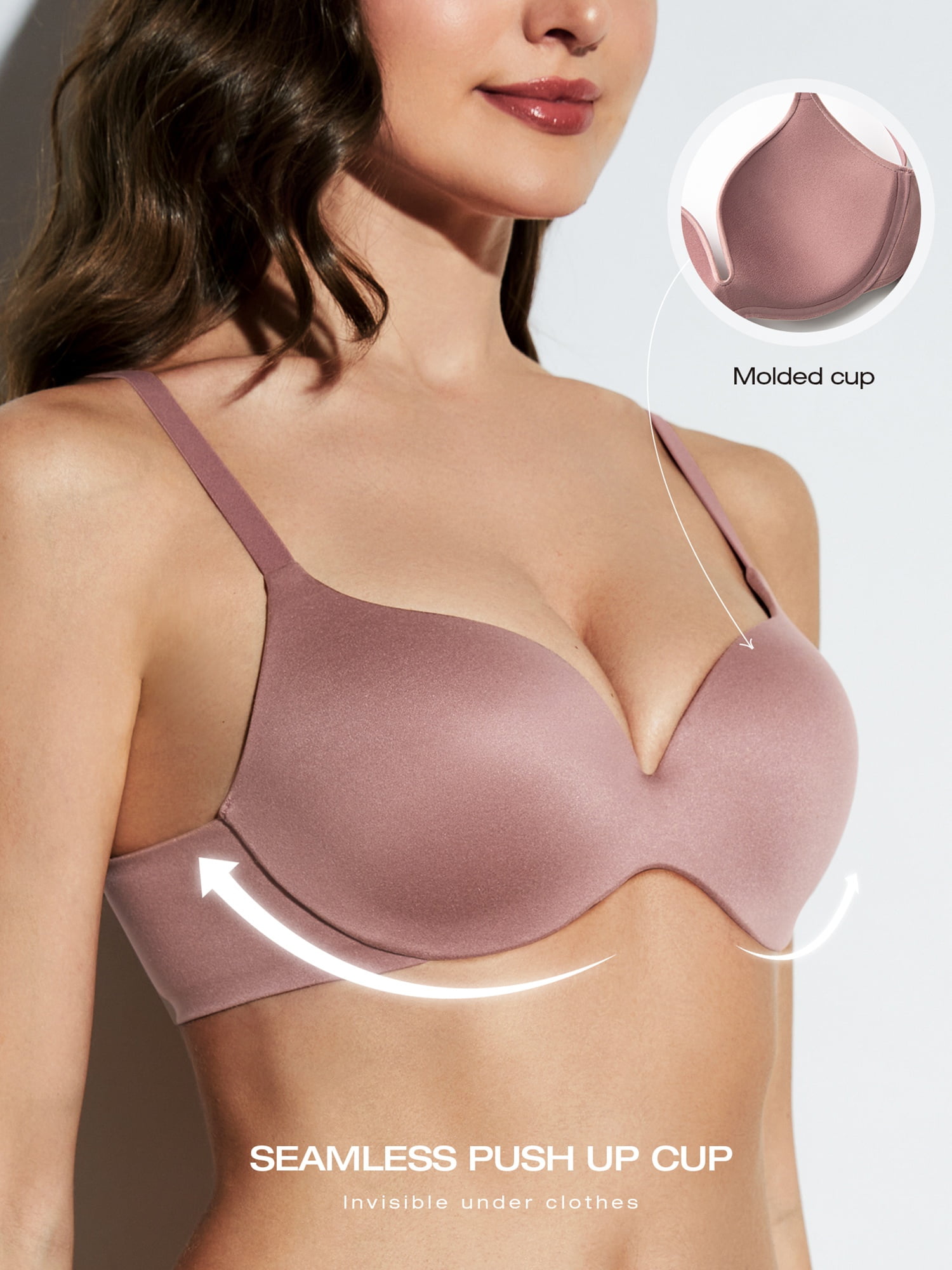 Deyllo Women's Push Up Bra Underwire Full Coverage Padded Seamless Multiway T Shirt Bra, Vintage Rose Pink 36A