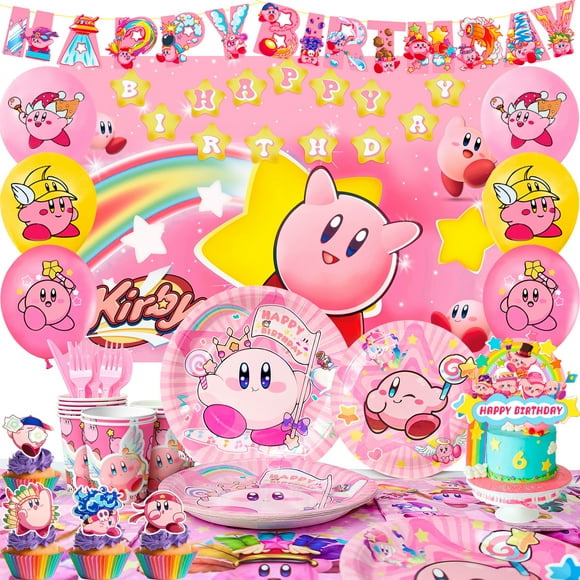 Kirby Party Supplies,110 Pcs Kirby Party Decorations and Tableware Set - Plates and Napkins Cups Tablecloth Balloons Etc Kirby Birthday Supplies