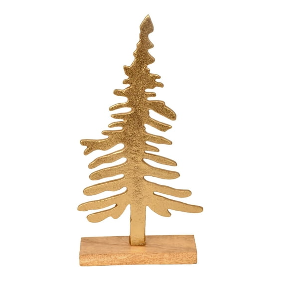 Aluminum Cast Decorative Tree with Wood Base Christmas Tabletop Decoration, Gold, 12.5", by Holiday Time
