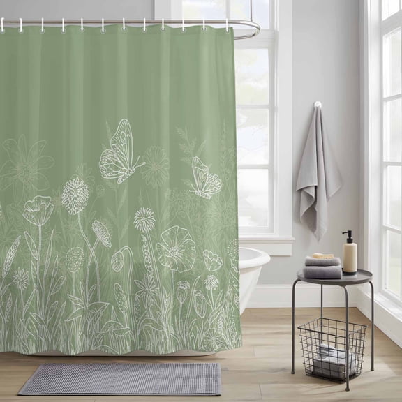 Bathroom Shower Curtain Abstract White Butterfly Floral Waterproof Shower Curtains with Hooks, Minimalist Line Art on Sage Green Bath Curtains Bathtub Curtain Home Decor 36x72in