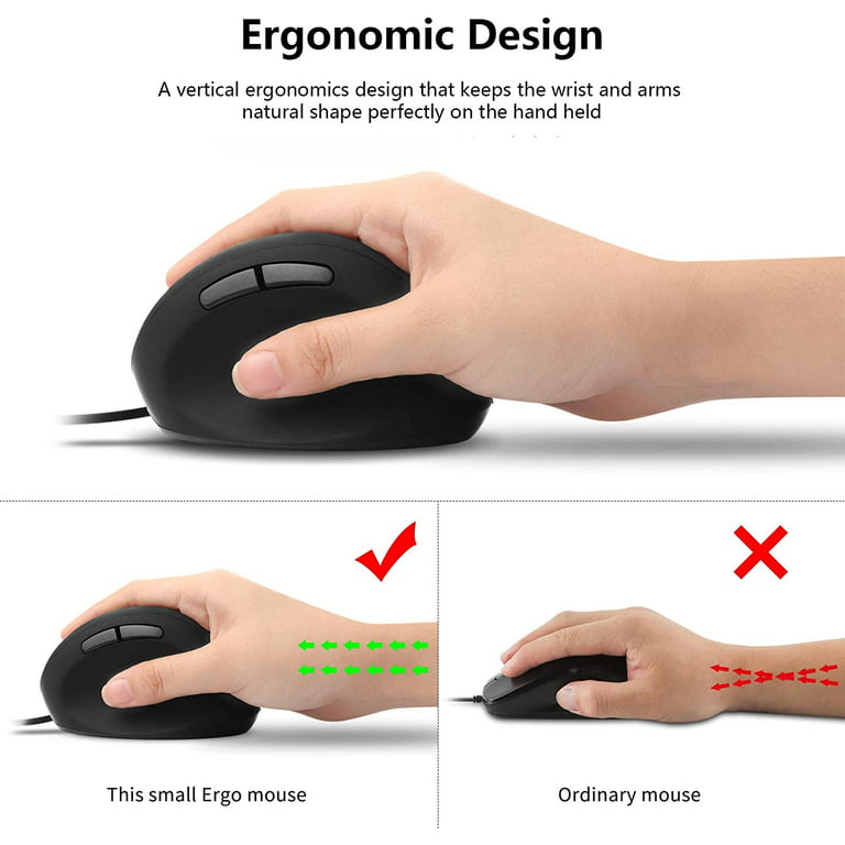 KUYHRF USB Wired Mouse, Vertical Mouse with Ergonomic Design , Computer  Mouse for Small Hands，3 Adjustable DPI Optical Mouse for  MacBook,PC,Laptop,Computer,Windows, Mac OS-Black 