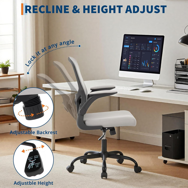 Ergonomic Mesh Office Chair - Adjustable Lumbar Support, Flip-Up Armrests | Comfy Rolling Computer Chair for Home Office & Study | Breathable, Stylish Executive Chair with Smooth Casters(Grey)