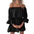 thumbnail image 1 of Women Dress Off Shoulder Solid Color 1 3 Clothing Ruffled Sleeve Fall Dress, Black, XL, 1 of 8