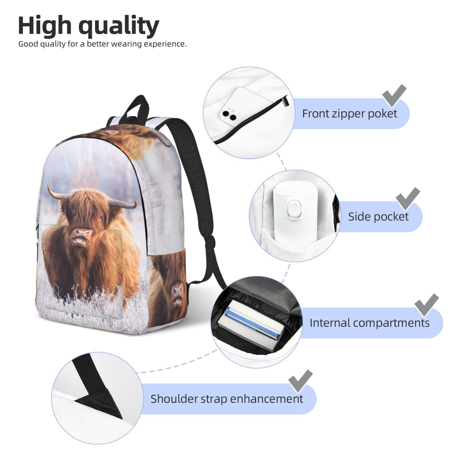 Vsdgher Cow Print Canvas Backpack Travel Rucksack Unisex Knapsack 15.7/17.7Inch Laptop Backpack for Work,College -Medium