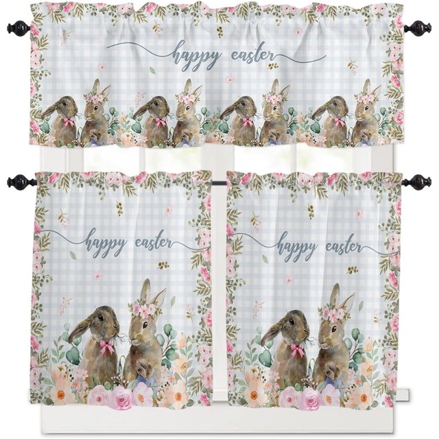 Rabbits Flowers Easter Kitchen Curtains and Valances Set,Eucalyptus Leaf Spring Summer Window Tiers Grey White Buffalo Plaid Half/Short Curtains for Small Windows Cafe /Living Room/ Bedroom 54x24 in