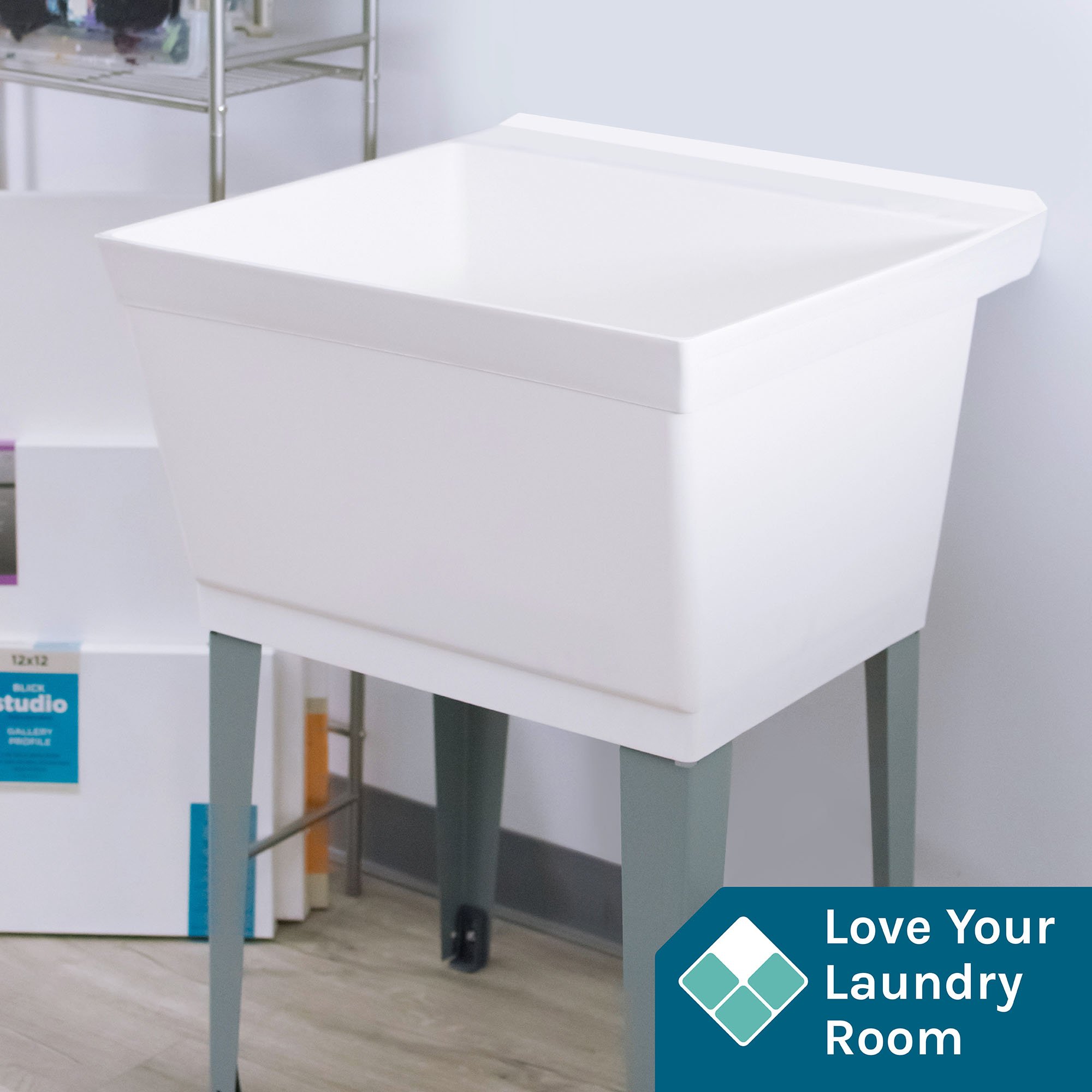 Tehila Metal Deep Laundry Utility Sink with Grey Legs and P-Trap Kit, 19 Gallon