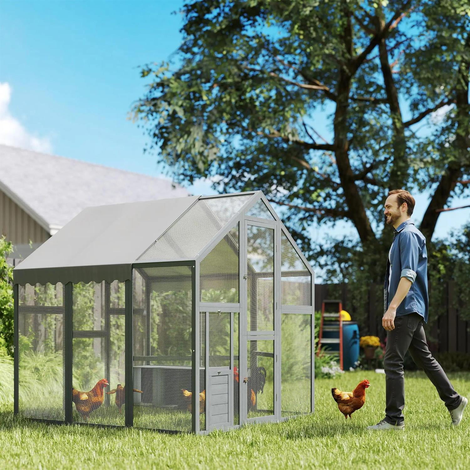 Pefilos 66" Large Chicken Coop Rabbit Hutch, Outdoor Wooden Poultry Cage Hen House with Nesting Box, Waterproof & Anti-UV Cover, for Garden Backyard, Gray