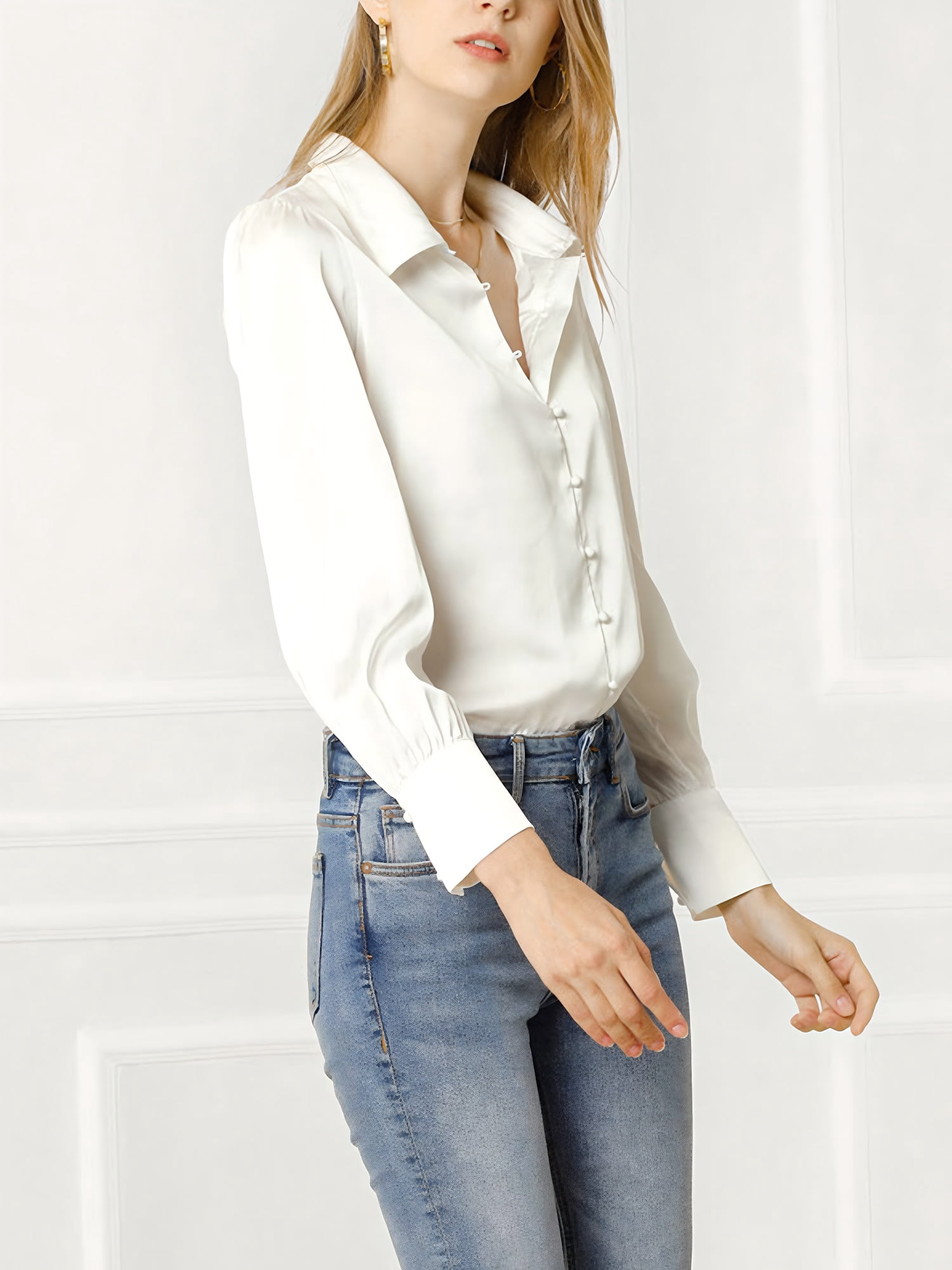 DARING DIVA Women's Satin Blouse Puff Long Sleeve Collared Button Down Shirt S White