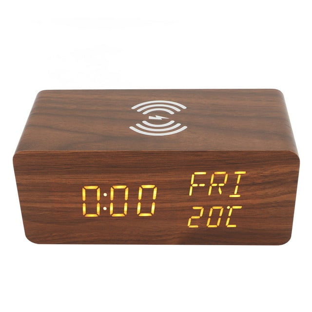 Reloj LED De Madera, Reloj Despertador Digital De Madera Día De La Semana Diasplay 3 Dimmer Para El Hogar ANGGREK Wireless Charging Alarm Clock