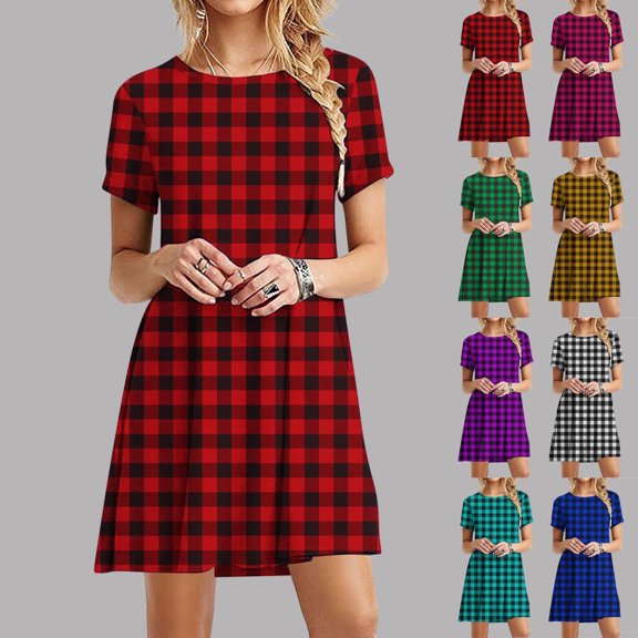 Juslio Dresses for Women Round Neck Vintage Plaid, Midi Dress Loose Casual Short Sleeve T-Shirt Dresses