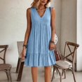thumbnail image 4 of Ayolanni Sleeveless Dresses for Women 2026 Solid Modest V-Neck Midi A-Line Dress Casual Beach Ruffle Pleated Vacation Sundress with Pockets Blue XL, 4 of 6