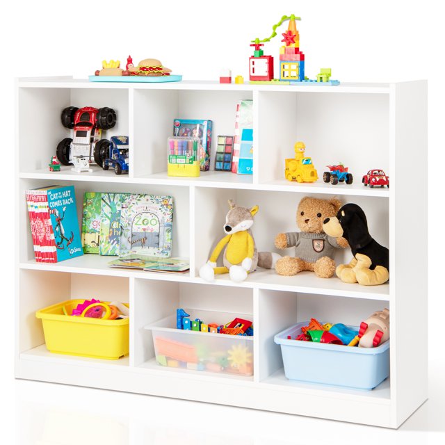 Patiojoy Wood Storage Cube Bookcase 3 Tier 8 Cube Open Shelf Storage Cabinet with Anti-Toppling Devices Multipurpose Bookshelf White