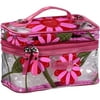 Modella: Clear Imitation Leather Trim and Body With Pink Floral Print Cosmetic Bag