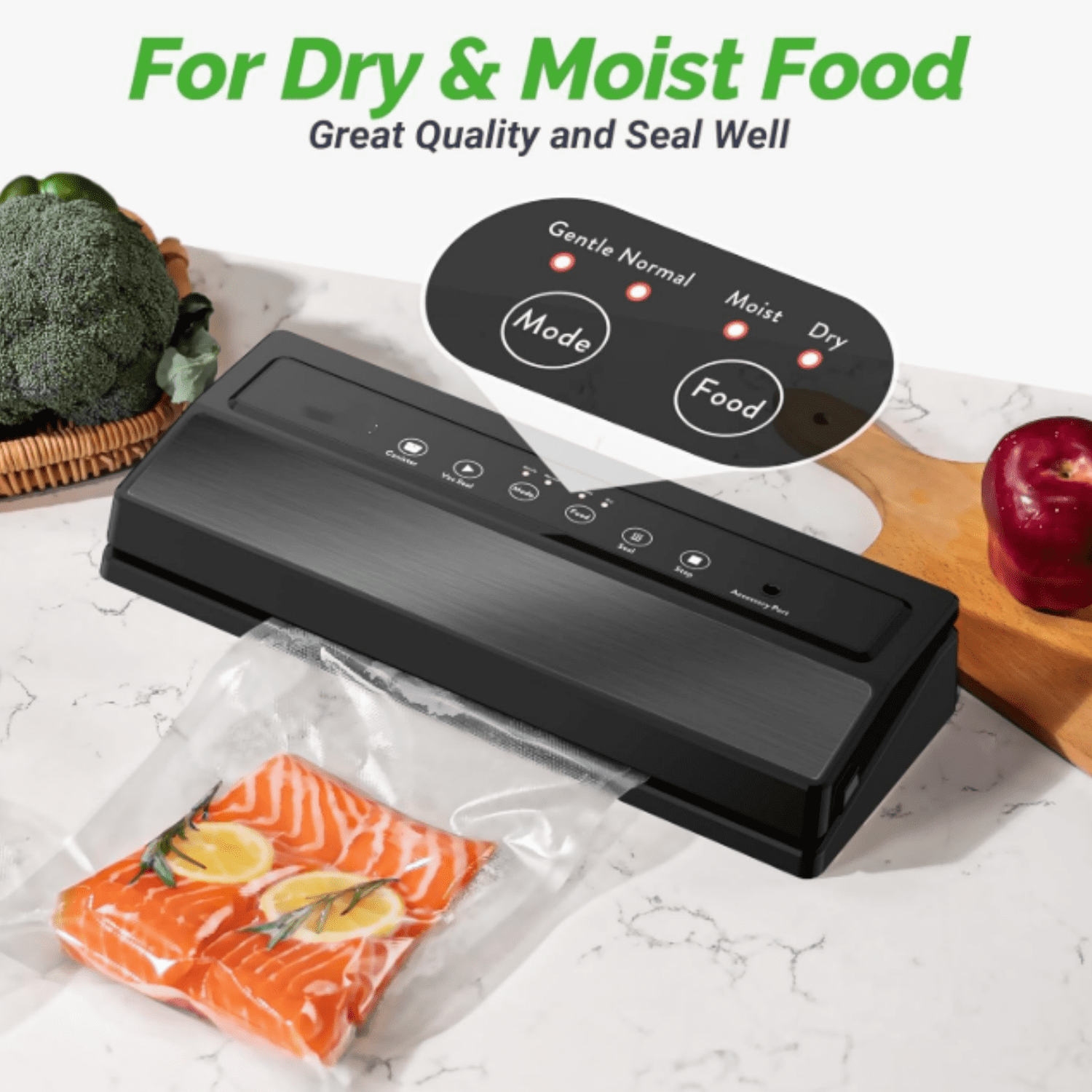 Vacuum Sealer Machine, Food Vacuum Sealer with Powerful Suction | Slim Design | Easy to Use | Led Indicator Lights for Sous Vide, Meal Prep, w/Starter Kits for Vacuum Seal Container (Black）