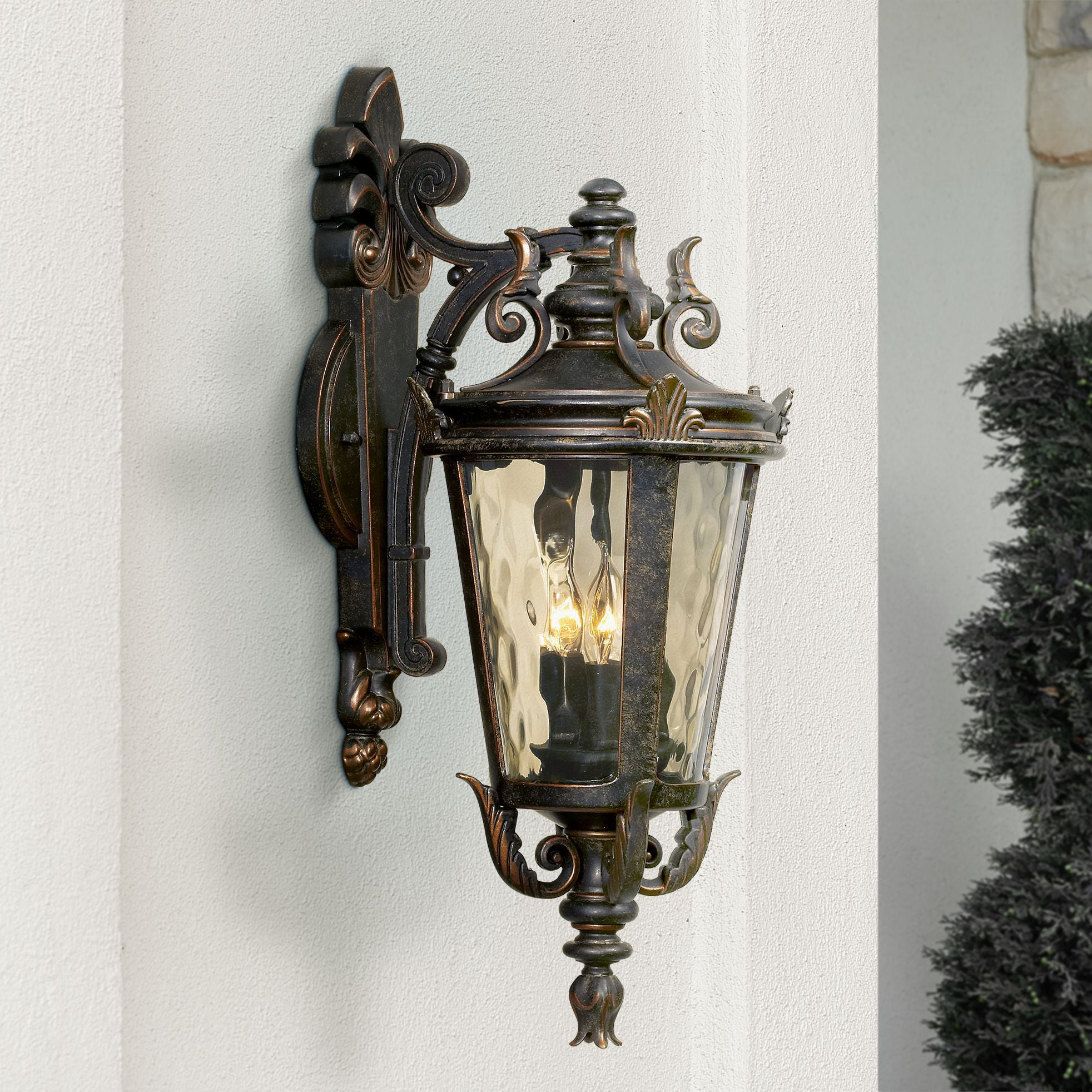 Details about   Outdoor Wall Light Fixture Bronze Scroll 21 1/2" Hammered Glass for House 