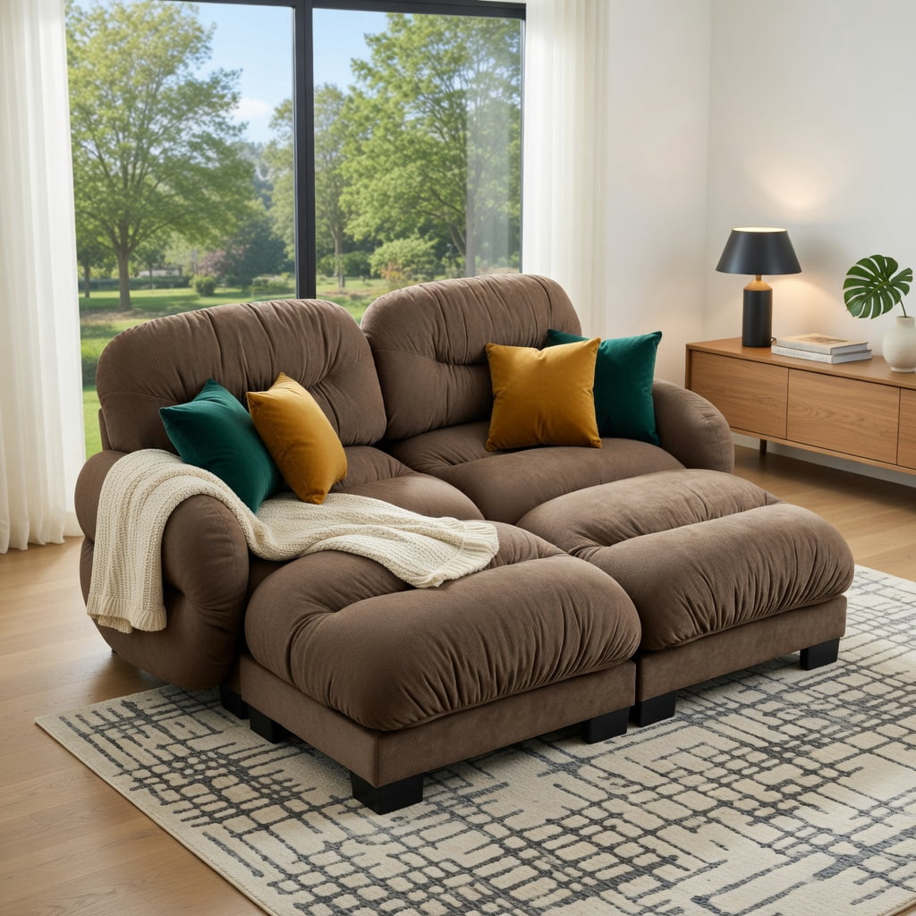 Hommoo Chenille 2-Seater L-Shaped Modular Sectional Sofa with Ergonomic Foam, Curved Armrests, 2 Ottomans & 2 Throw Pillows, Pleated Back Design, Brown