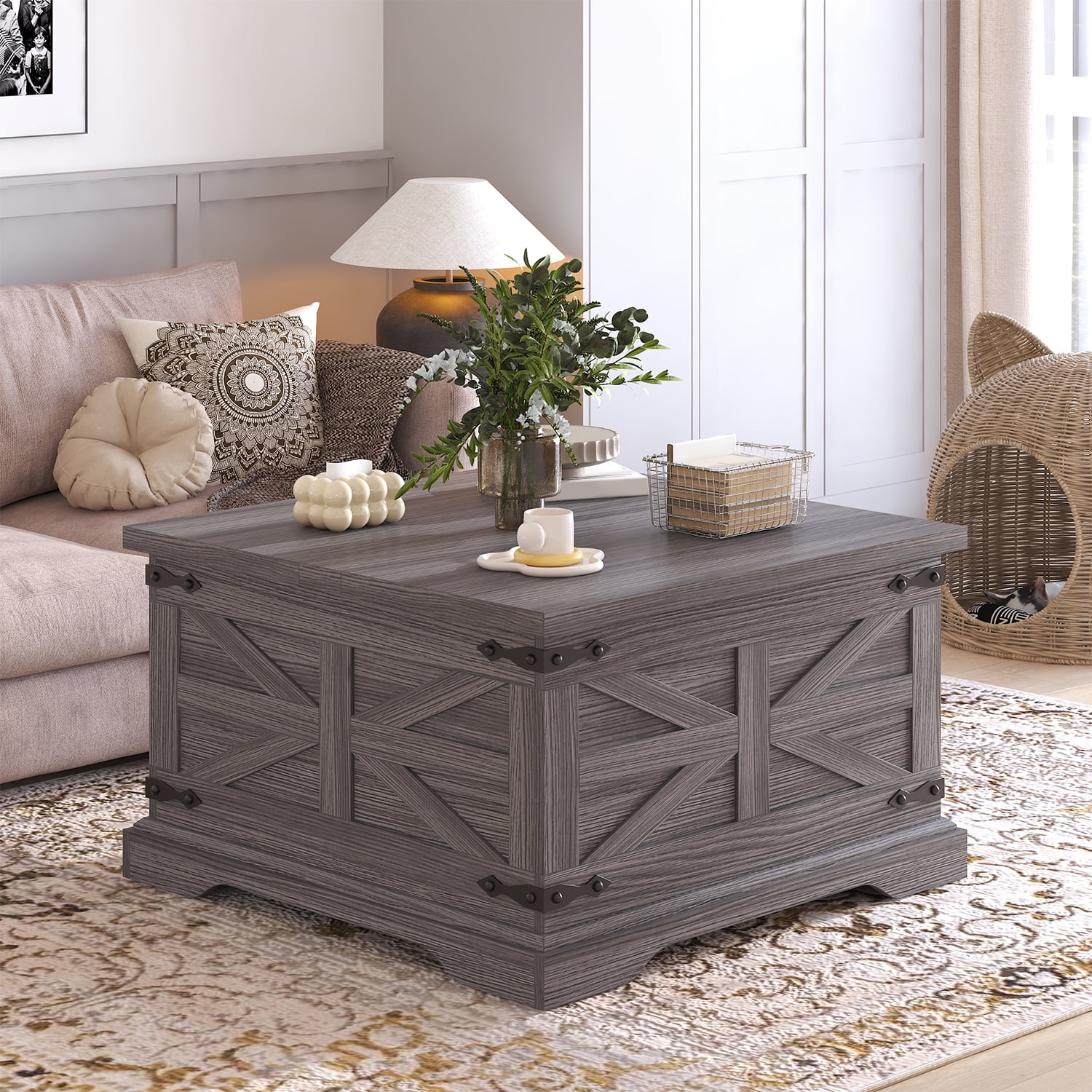 VVFLU Farmhouse Square Coffee Table with Storage for Living Room, Hinged Lift Top Soft Close, Grey