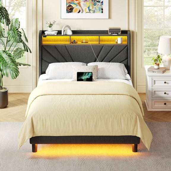 Greenstell Upholstered Twin Bed Frame with Storage Headboard, Charging station, LED, Easy Assembly, Dark Gray