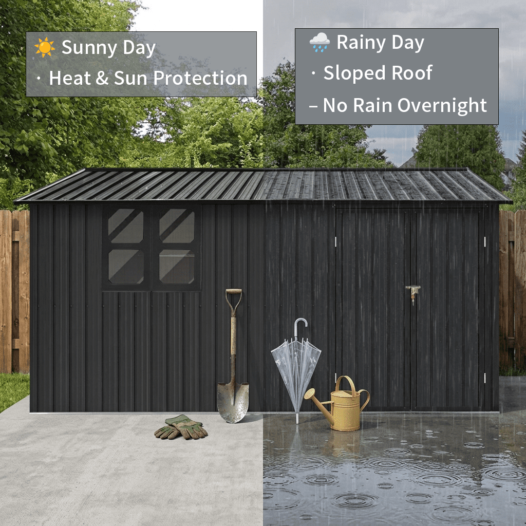 Mintazer 12×10 Ft All-Weather Metal Outdoor Storage Shed with Goods Shelves, Large Garden Tool Storage Building with Window for Backyard Lawn Patio, Black