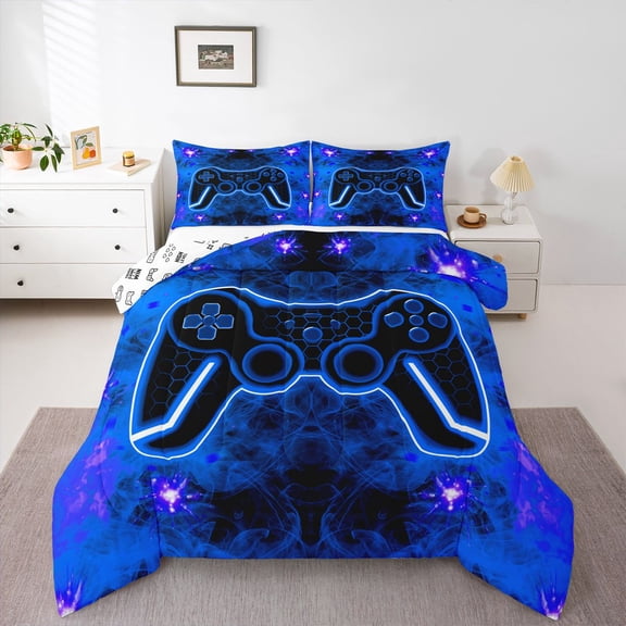 Castle Fairy Boys Blue Video Game Twin Comforter Sets,Geometric Honeycomb Bedding Set