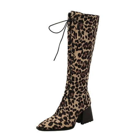 

Puawkoer Ladies Fashion Leopard Print Pointed Front Lace Up Side Zipper Thick High Heel Long Boots
