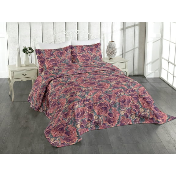 Ambesonne Flowers Vintage Quilted Coverlet 3 Pcs, Melancholic Floral, King Size, Dark Teal Pale Ruby Plum