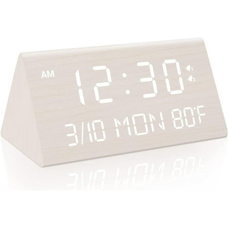 Wooden Digital Alarm Clock, 0-100% Dimmer, 2 Settings, Weekday/Everyday Mode, 9 Mins Snooze, 12/24H, Temperature and Date Display for Office, Travel, Bedroom Clock (White)