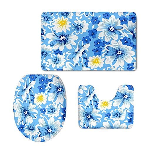 CHAPLLE Beauty Blue Floral 3 Piece Bathroom Rugs Set Bath Rug Contour