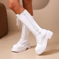 thumbnail image 2 of hopeusnice Round Toe Lace Up Side Zipper Knee High Boots Women Leather Boots for Street Style White 42, 2 of 7
