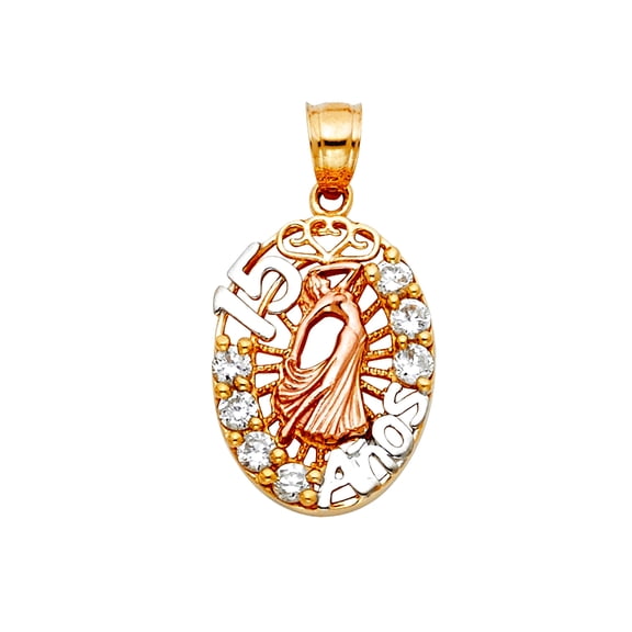 14k Yellow Gold White Gold and Rose Gold Cubic Zirconia 15 Years Pendant Necklace 15x25mm Pendant for Women