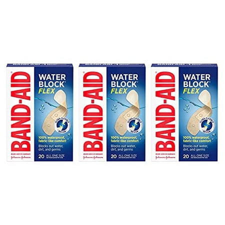 Band-Aid Brand Water Block Flex 100% Waterproof Adhesive Bandages for First-Aid Wound Care of Minor Cuts Scrapes & Wounds Ultra-Flexible Design Sterile All One Size 3 x 20 ct