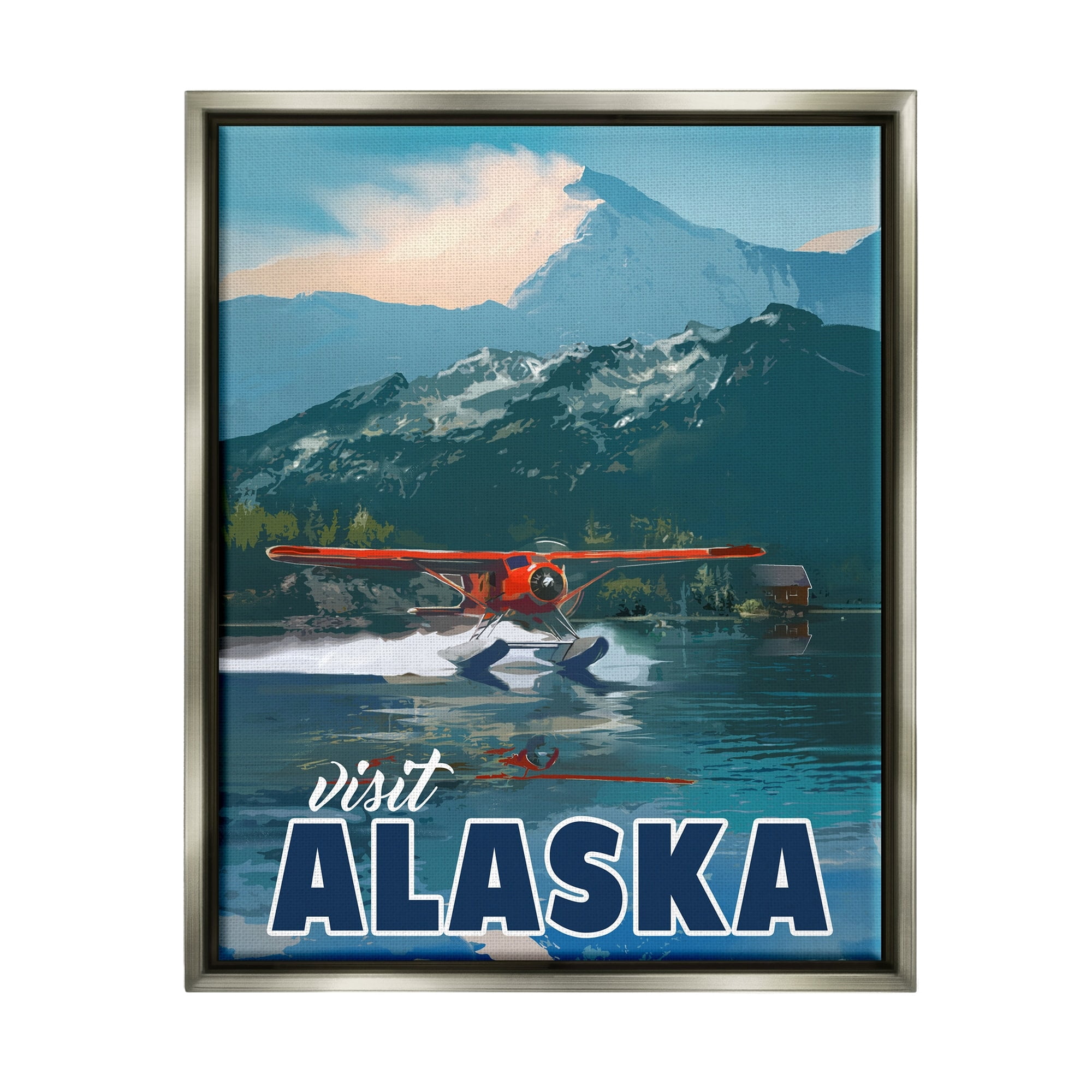 Stupell Industries Visit Alaska Seaplane Landing Snowy Mountain Scenery Graphic Art Luster Gray Floating Framed Canvas Print Wall Art, Design by David Owens Illustration