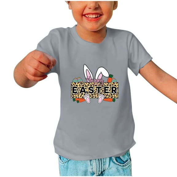 Ecqkame Short Sleeve Shirt for Toddler Children Summer Cute Letter Rabbit Graphic Crew Neck Casual Top A-Gray 7 Years