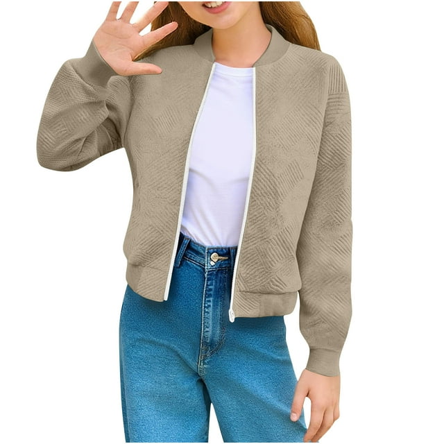 Girls Zip No-Hooded Jacket, Long Sleeve Pullover Coat for Ages 5-14