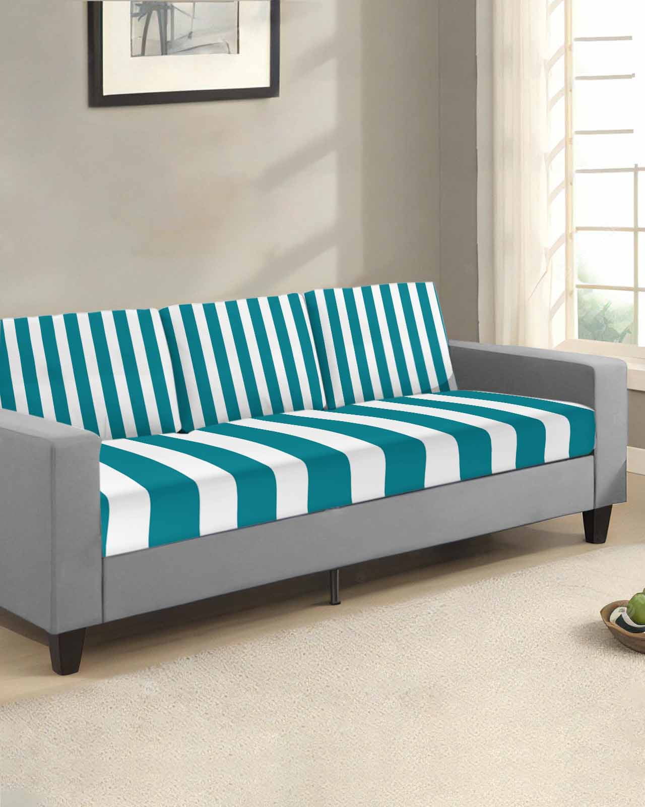 Teal Striped Couch Cushion Covers,Stretch Seat Cushion Covers for Sectional Sofa,Simple Art Vertical Stripe Farmhouse Individual Sofa&nbsp;Slipcovers Furniture Protector with Elastic&Straps 1Pcs,S