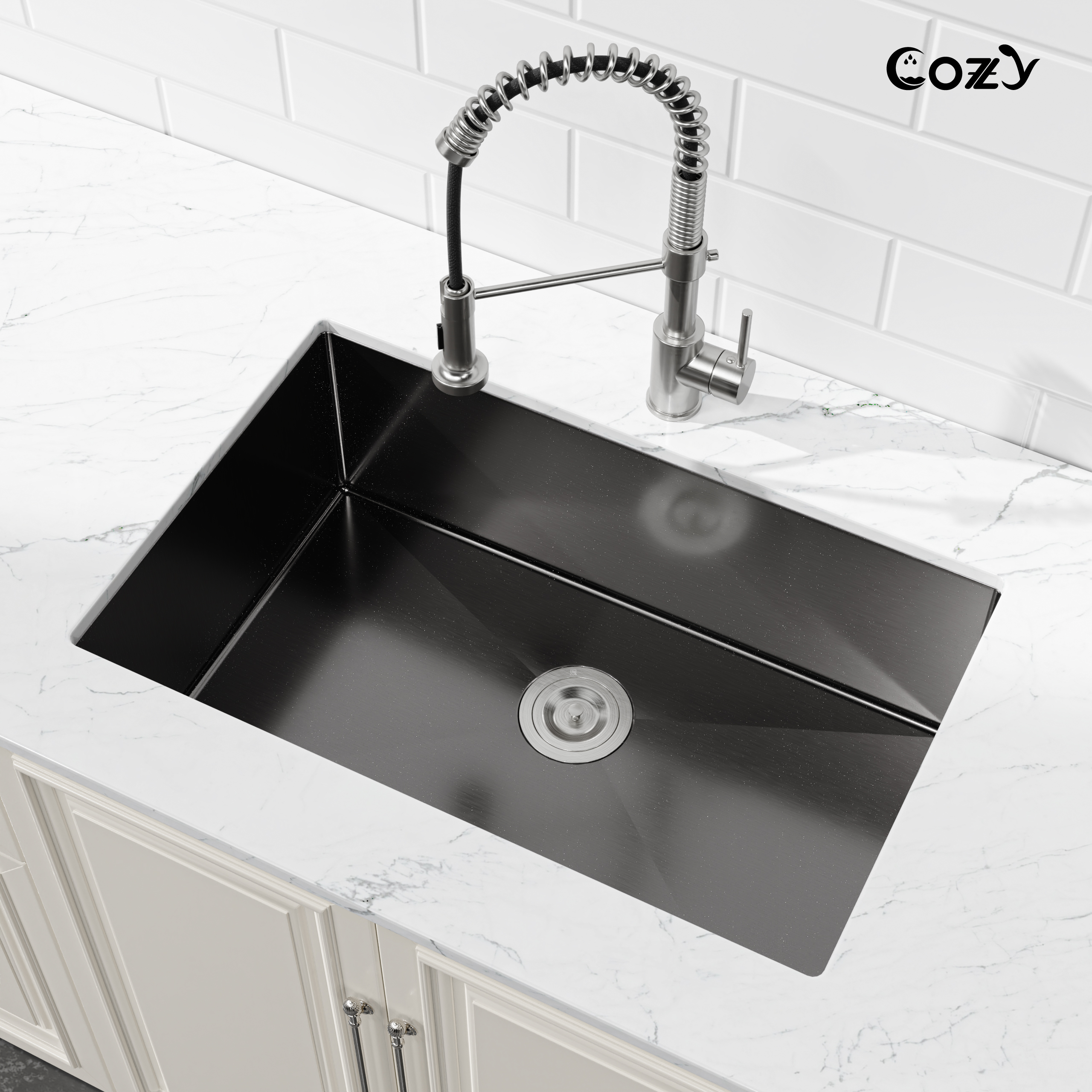 COZY 30″x19″ Stainless Steel Kitchen Sink, Single Bowl, Undermount Handmade Sink in Brushed Nickel, with US Standard Drain and Hook, SS-BL04D-301908