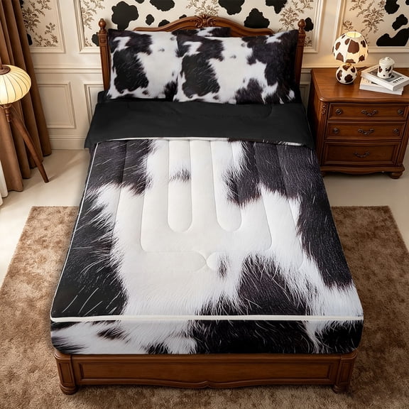 Manfei Farm Cow Spot Zipper Twin Comforter Sets with Fitted Sheet and 2 Pillowcases,Minimalist Animal Pattern Zipper Bedding Set,Black White,Reversible