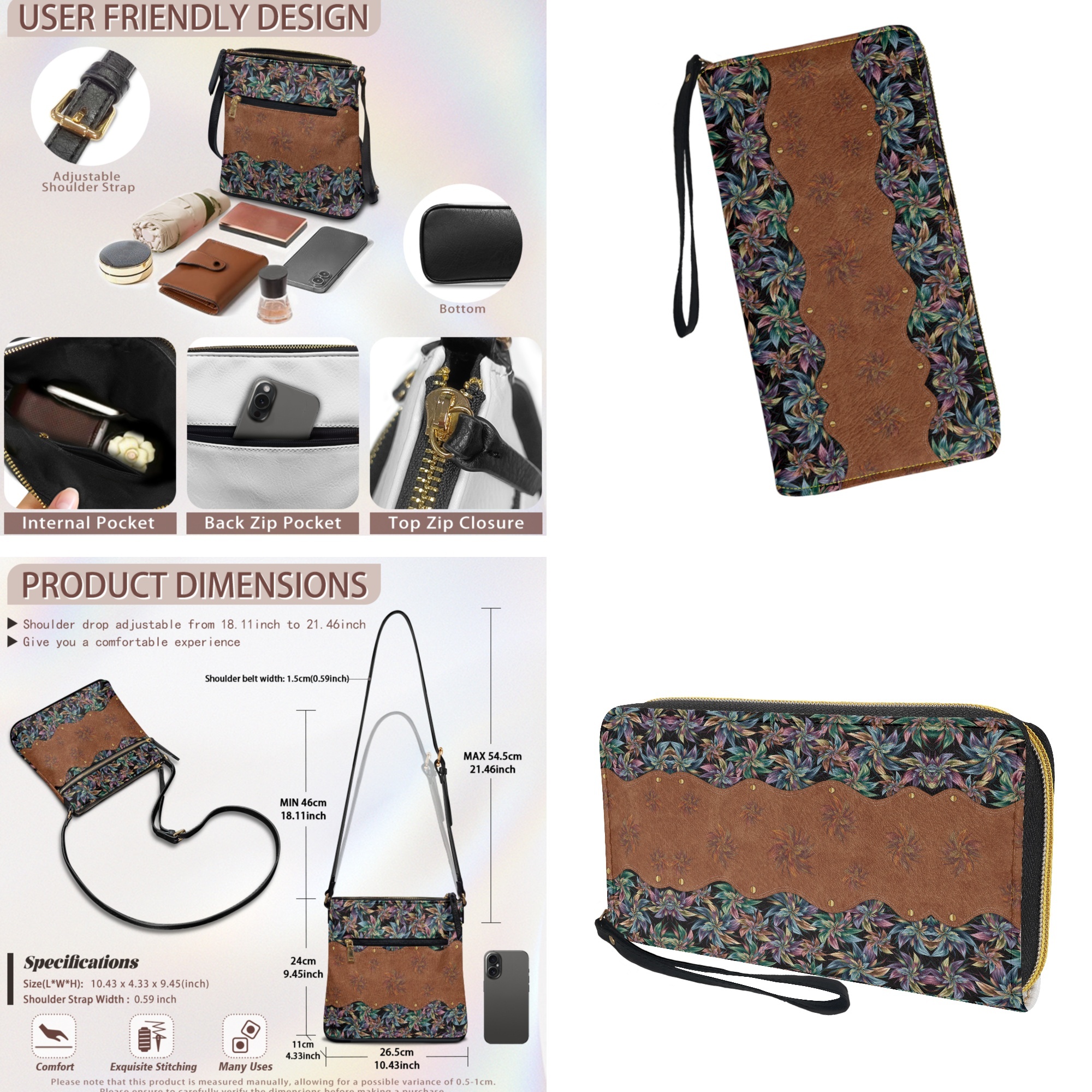 ZUXONGSY Abstract Floral Print Large Crossbody Hobo Purse and Wallet Set for Women, PU Leather Satchel Bag with Adjustable Strap for Travel & Casual Use