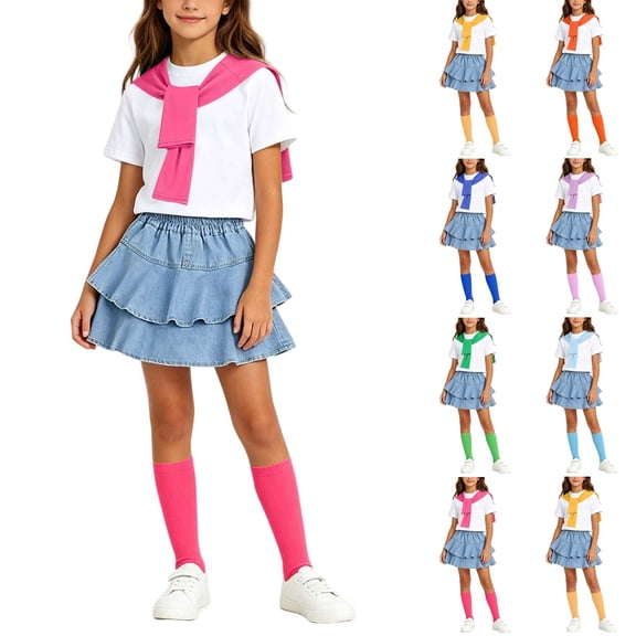 Daiosportswear Girls 4 Piece Summer Outfit Set, Crew Neck Tee Detachable Scarf Tiered Ruffle Denim Skirt Knee High Socks for 3-16Y Yellow 15-16 Years