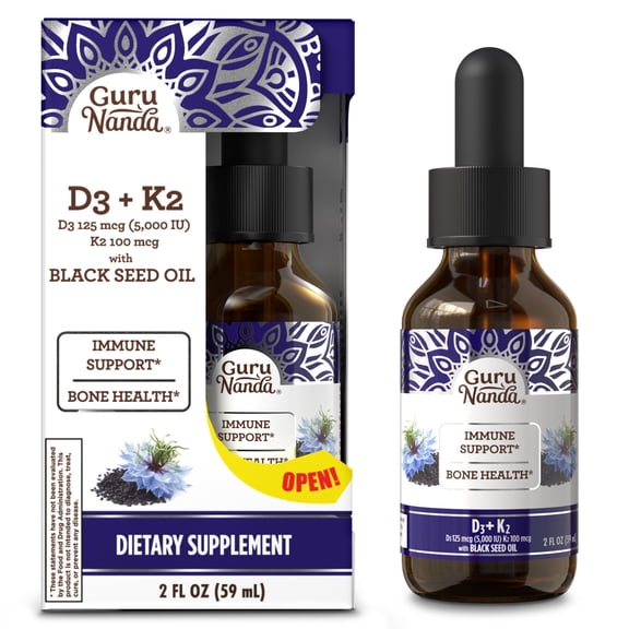 GuruNanda Cold Pressed Black Seed Oil Liquid Dietary Supplement with Vitamin D3 & K2-Supports Immune & Bone Health - 2 fl oz