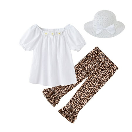 

XMMSWDLA Toddler Girl Clothes Baby Girls Cute Fruit Flower Leopard Print Short Sleeve Trousers Hat Three-piece Suit Discount Clearance