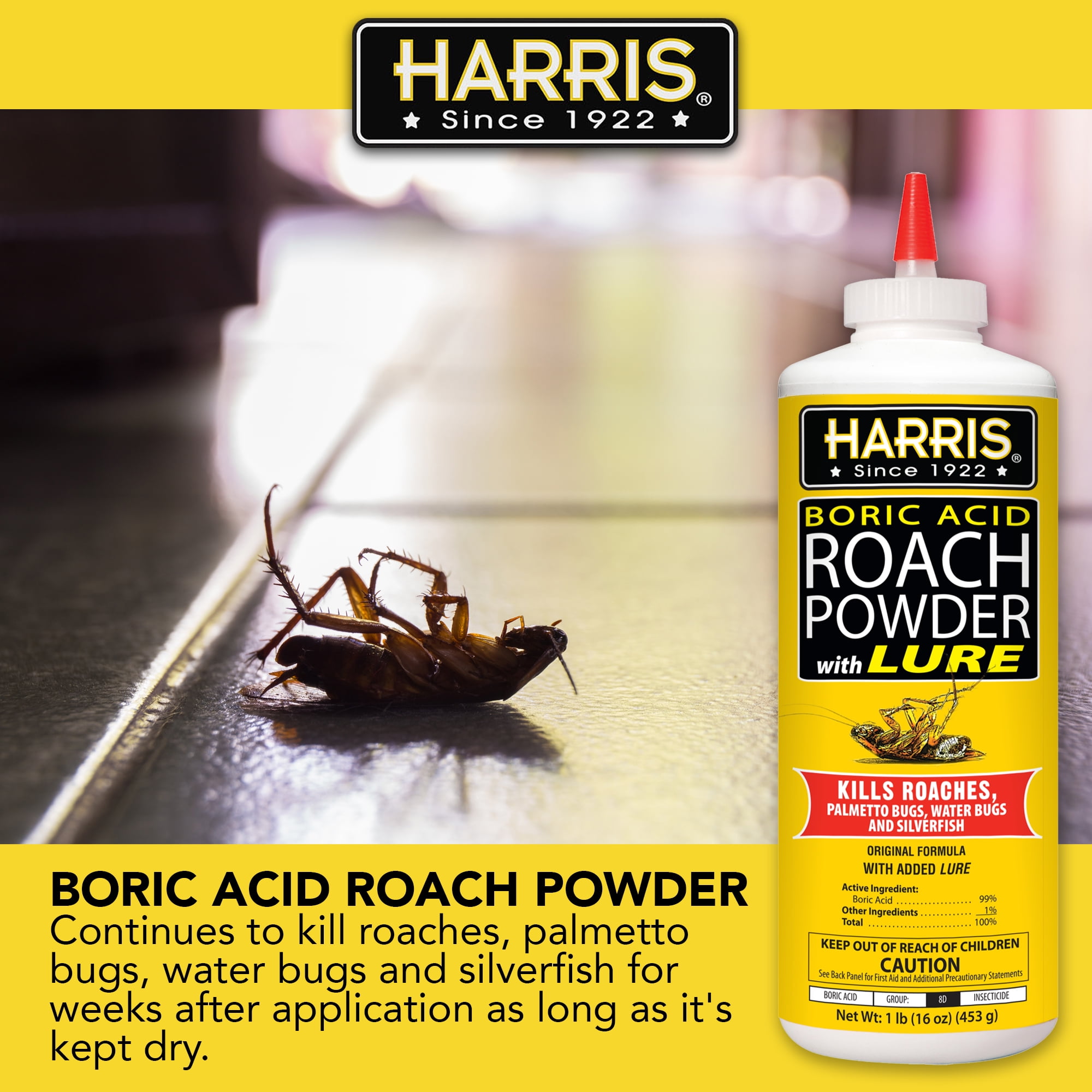 Harris Boric Acid Roach Killer Powder with Lure, Indoor Use, 16oz
