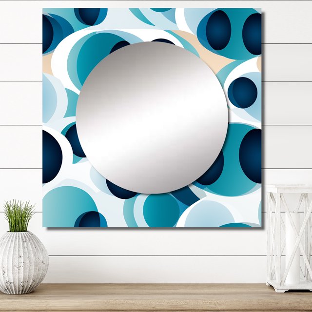 Designart "Minimalist Geometry with Cobalt Blue Circles I" 0 Square Mirror For Wall Decor - Large Blue Square Printed Wall Mirror Art - Square Modern Mirror - Wall Mounted Square Large Mirror