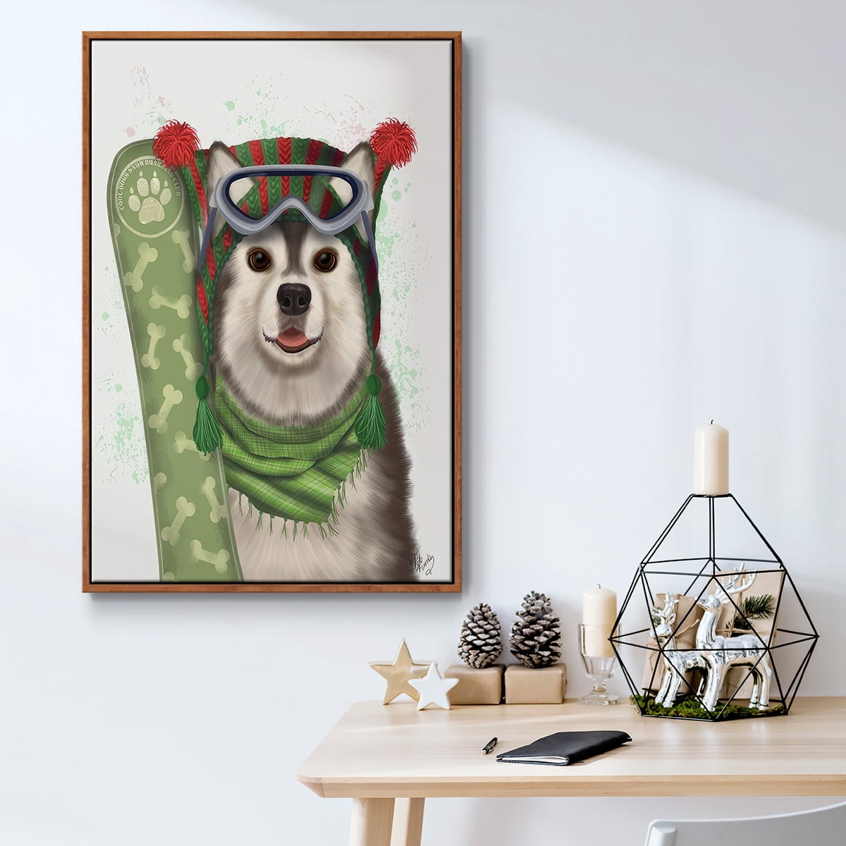 Christmas Husky Snowboard - Framed Gallery Wrapped Holiday Canvas - 27 x 41 - Rosewood Frame